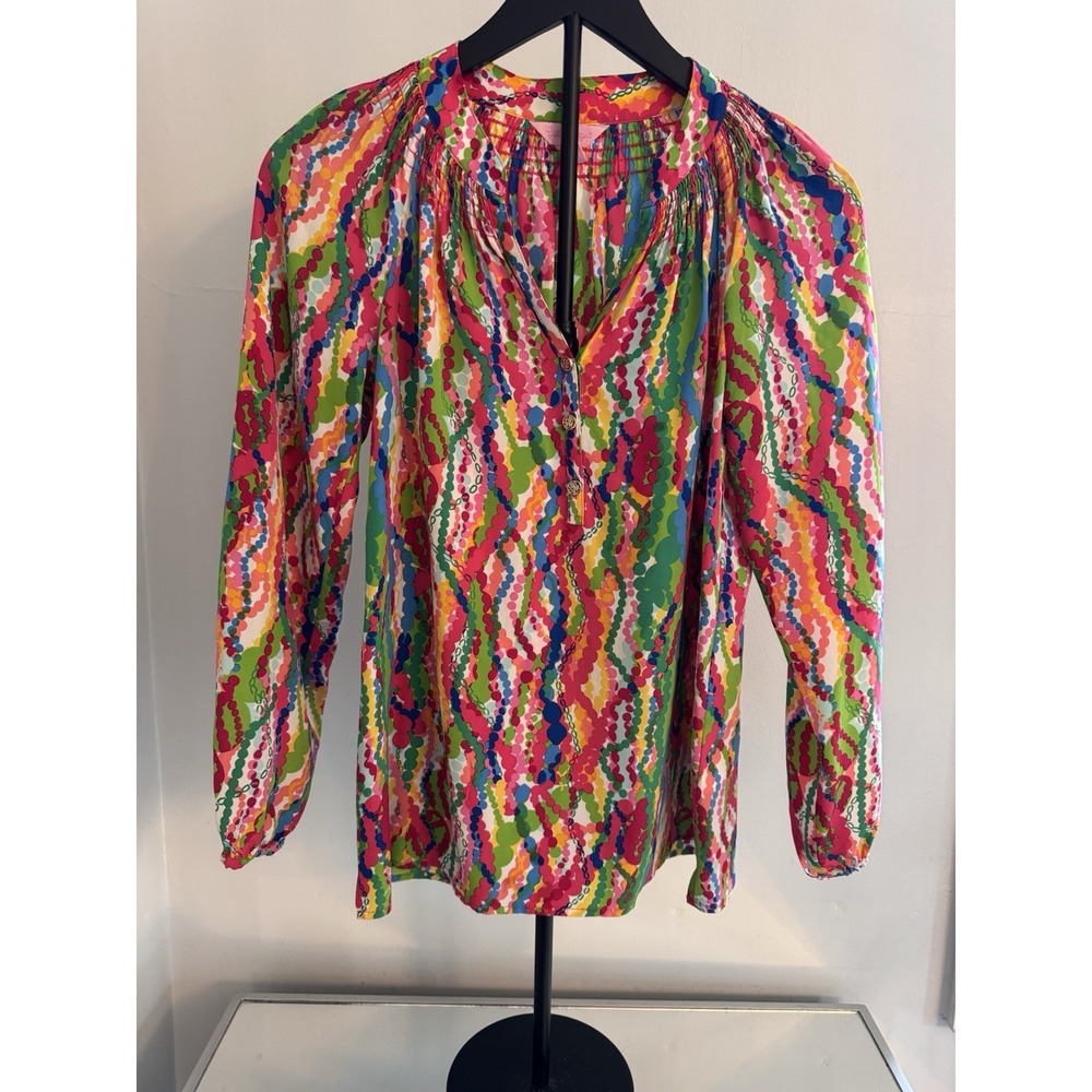 Lilly Pulitzer Elsa Silk Top XS Multicolor Dot Print Smocked Neck Resort Preppy